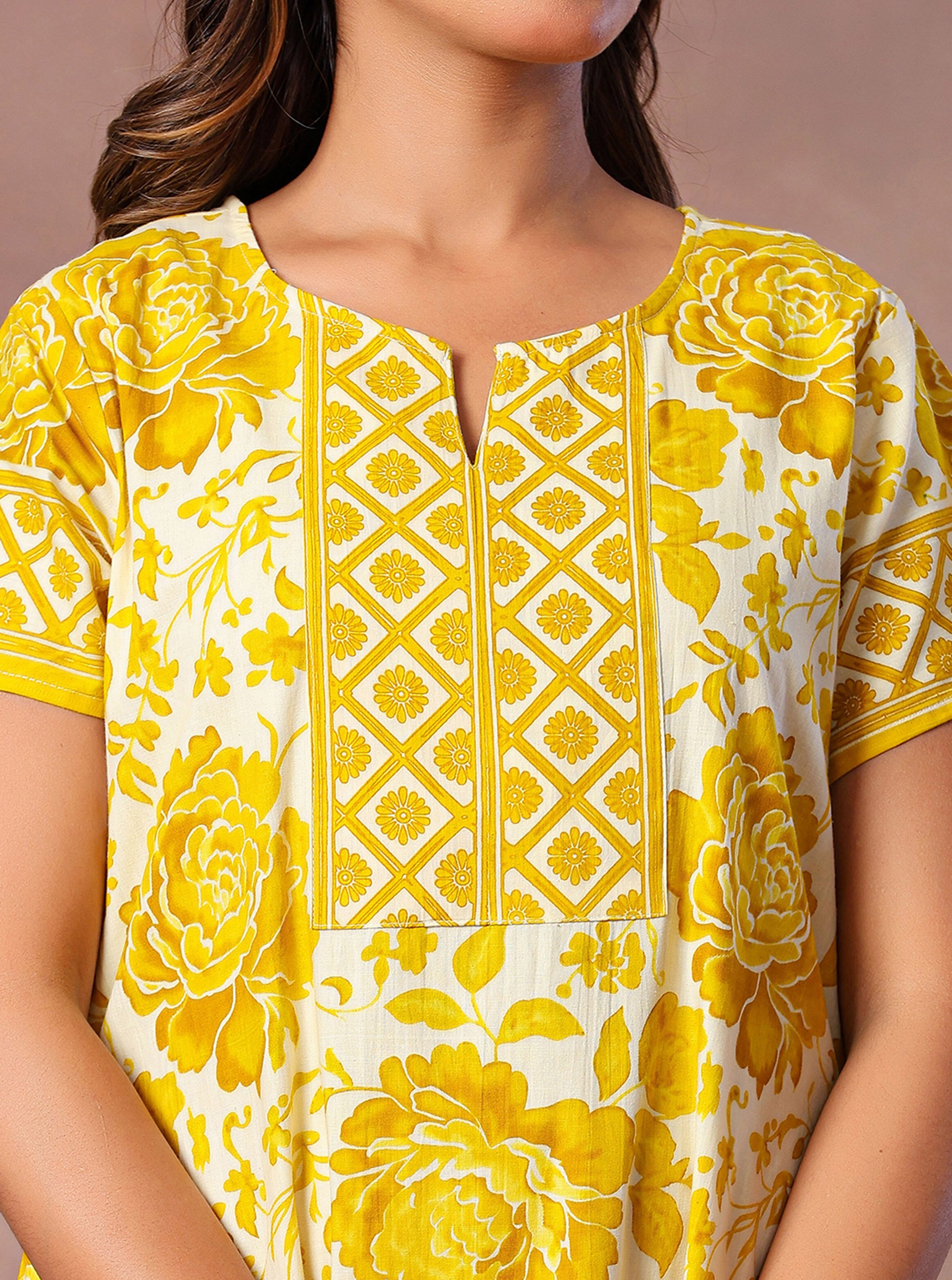 Yellow Floral Print Cotton Short Sleeve Kaftan Nightdress