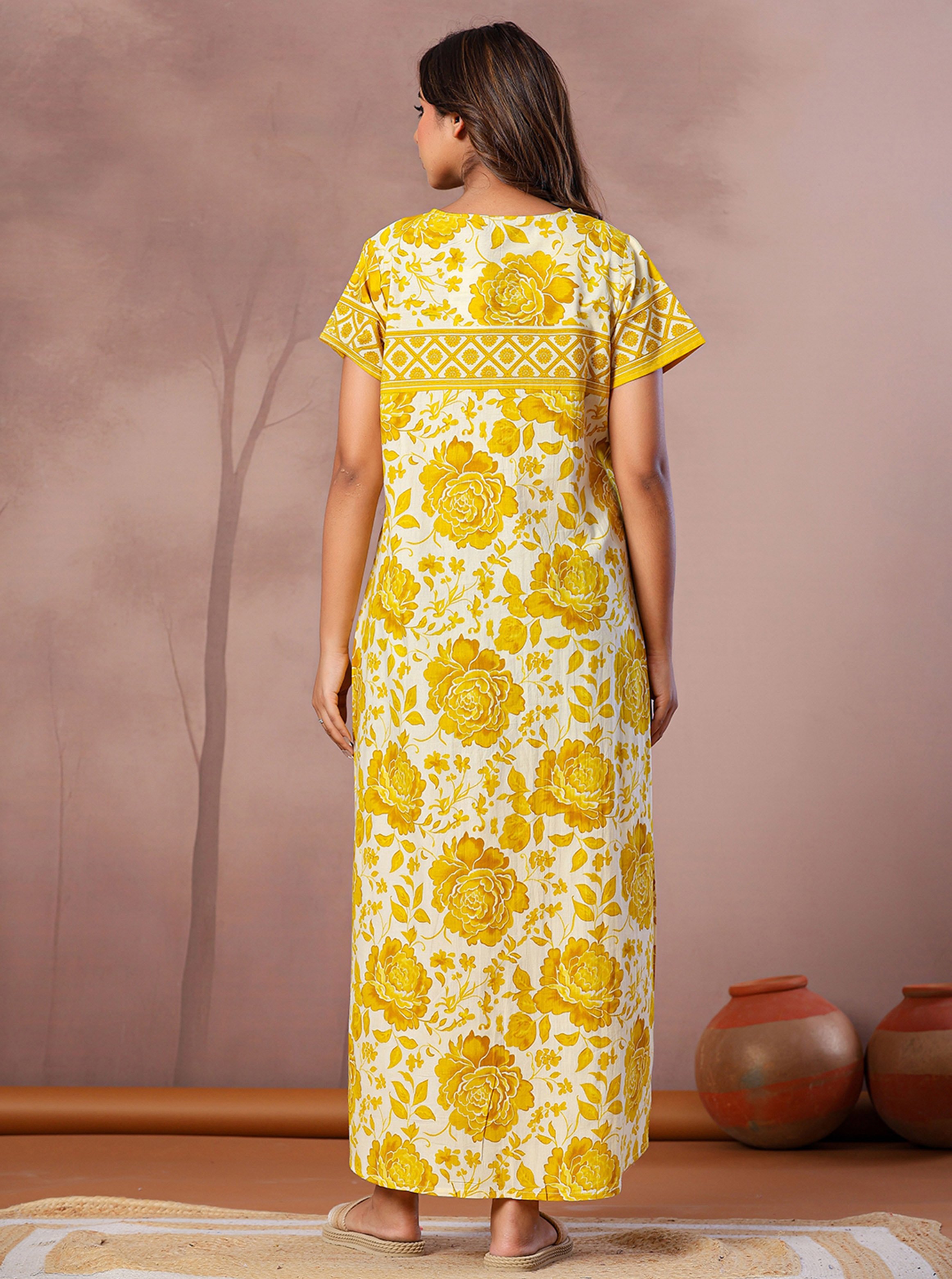 Yellow Floral Print Cotton Short Sleeve Kaftan Nightdress