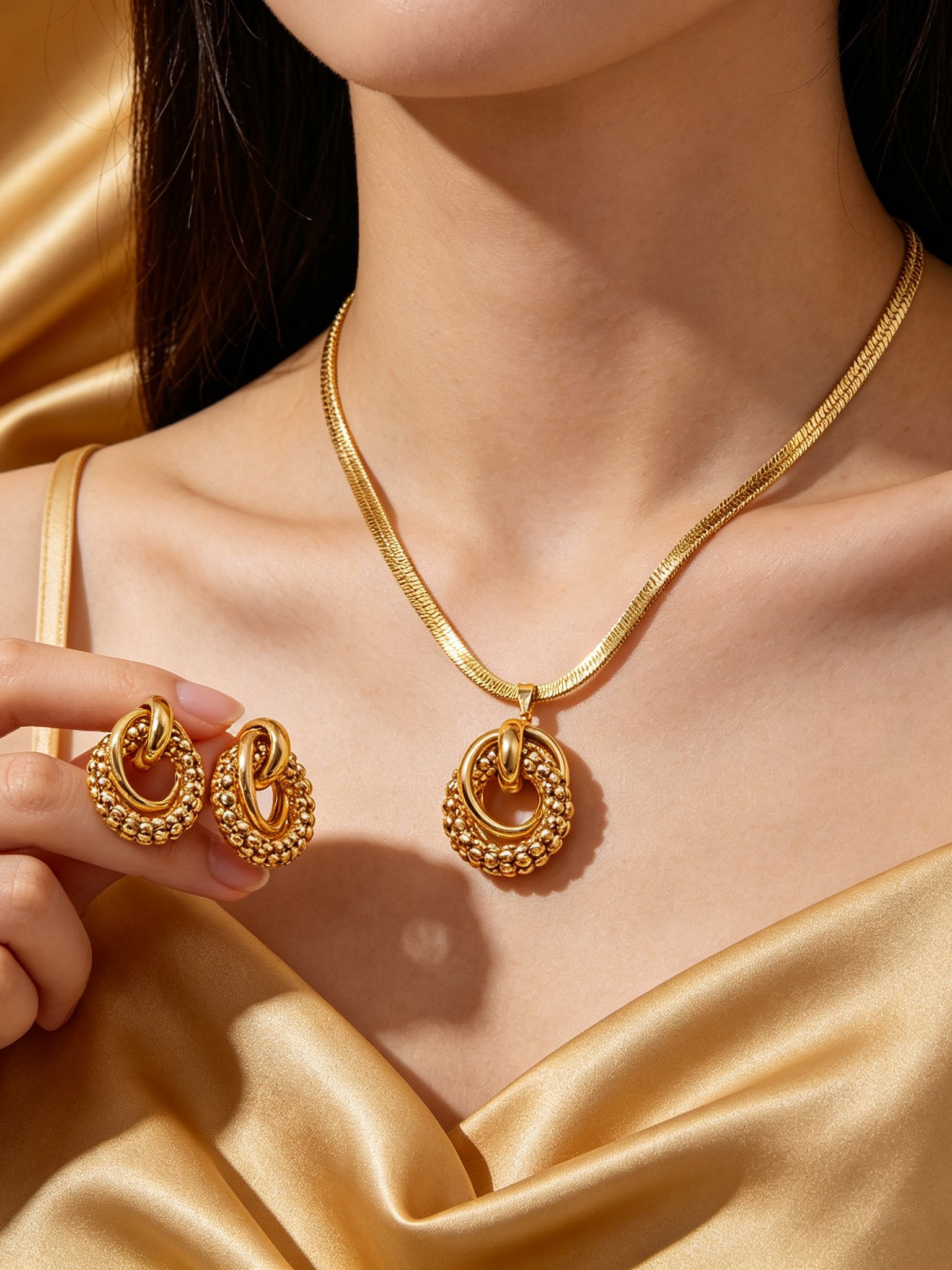Golden Stainless Steel Necklace and Earrings Set