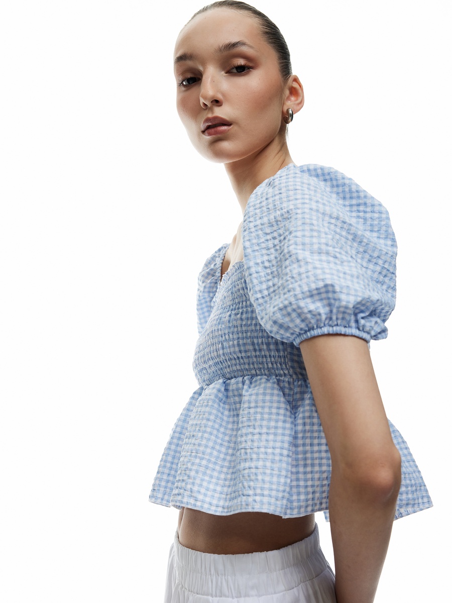 Checked Balloon Sleeves Crop Blouse