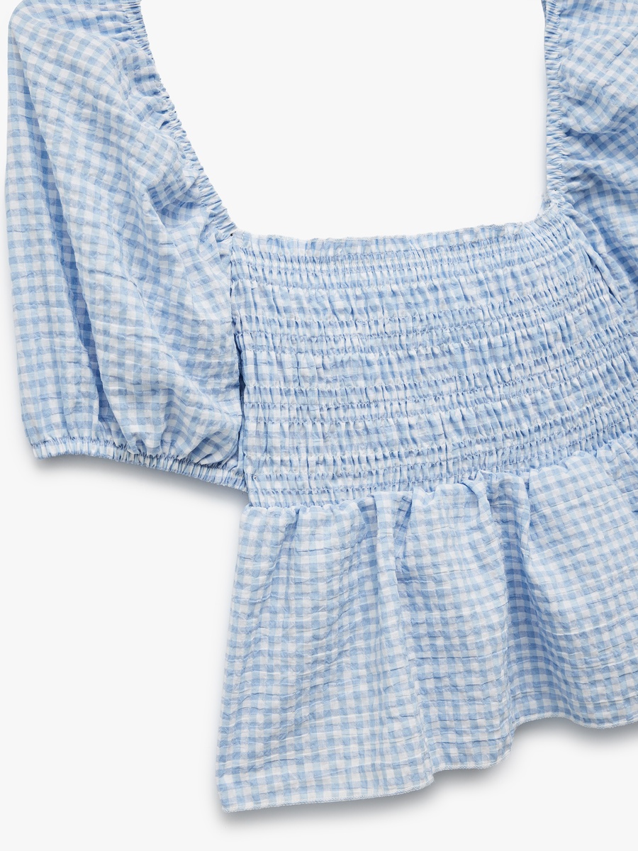Checked Balloon Sleeves Crop Blouse
