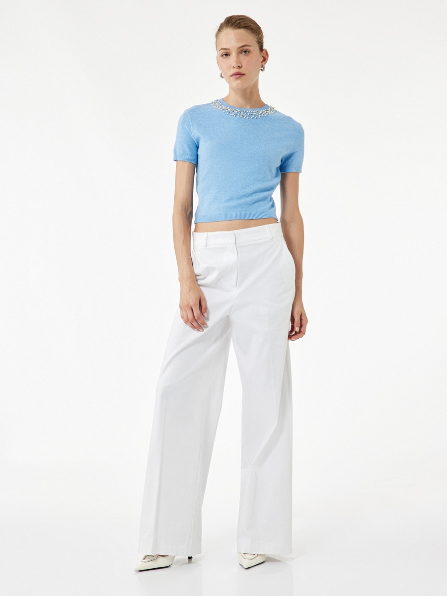 Embellished Neck Short Sleeves Crop Knit Sweater