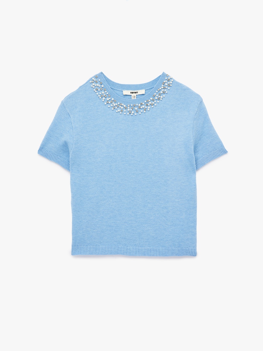 Embellished Neck Short Sleeves Crop Knit Sweater