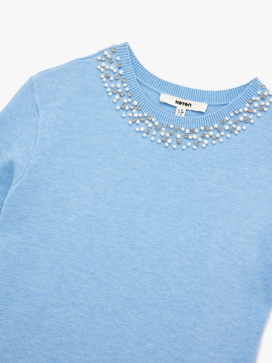 Embellished Neck Short Sleeves Crop Knit Sweater
