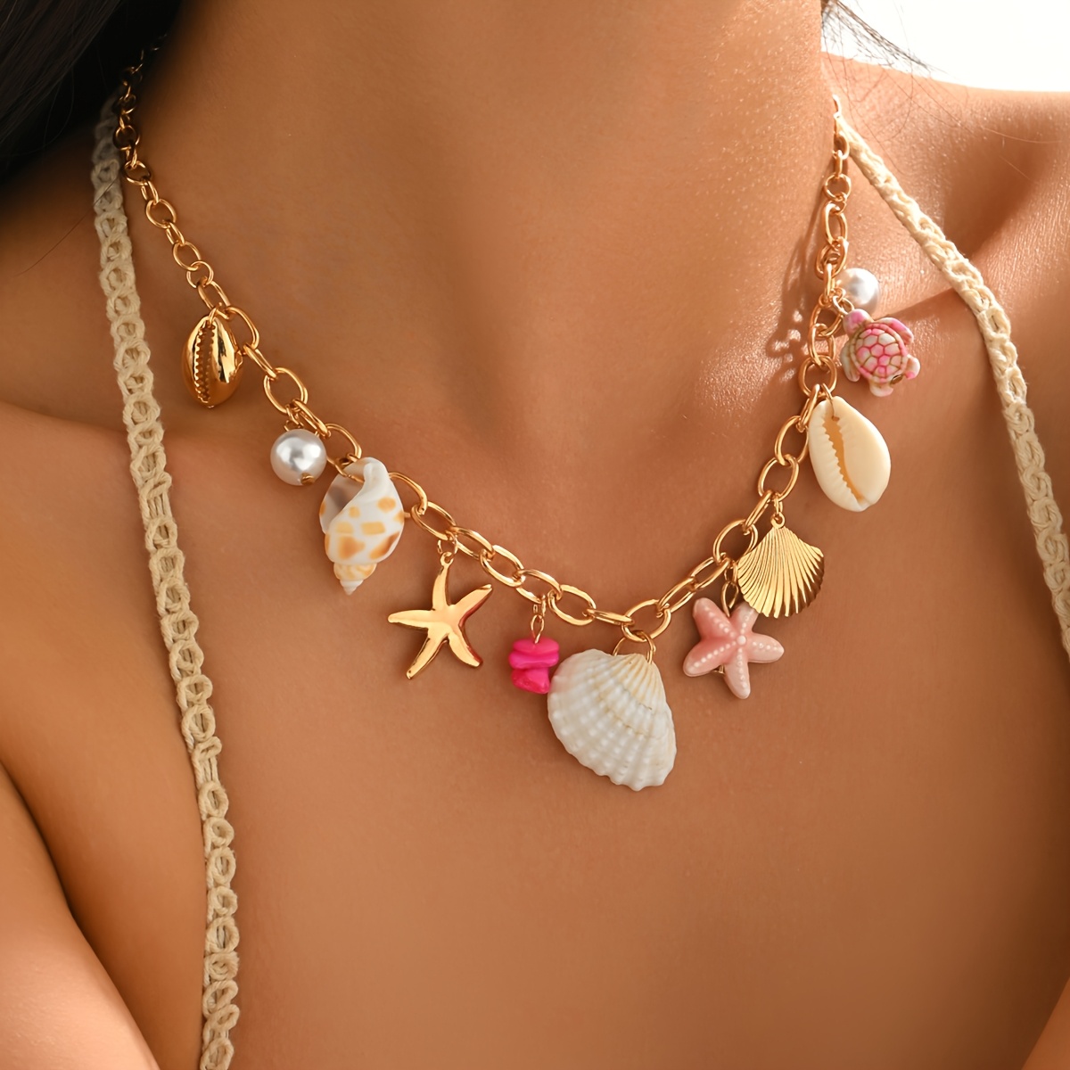 Multi-Charm Ocean-Inspired Necklace with Shells and Starfish