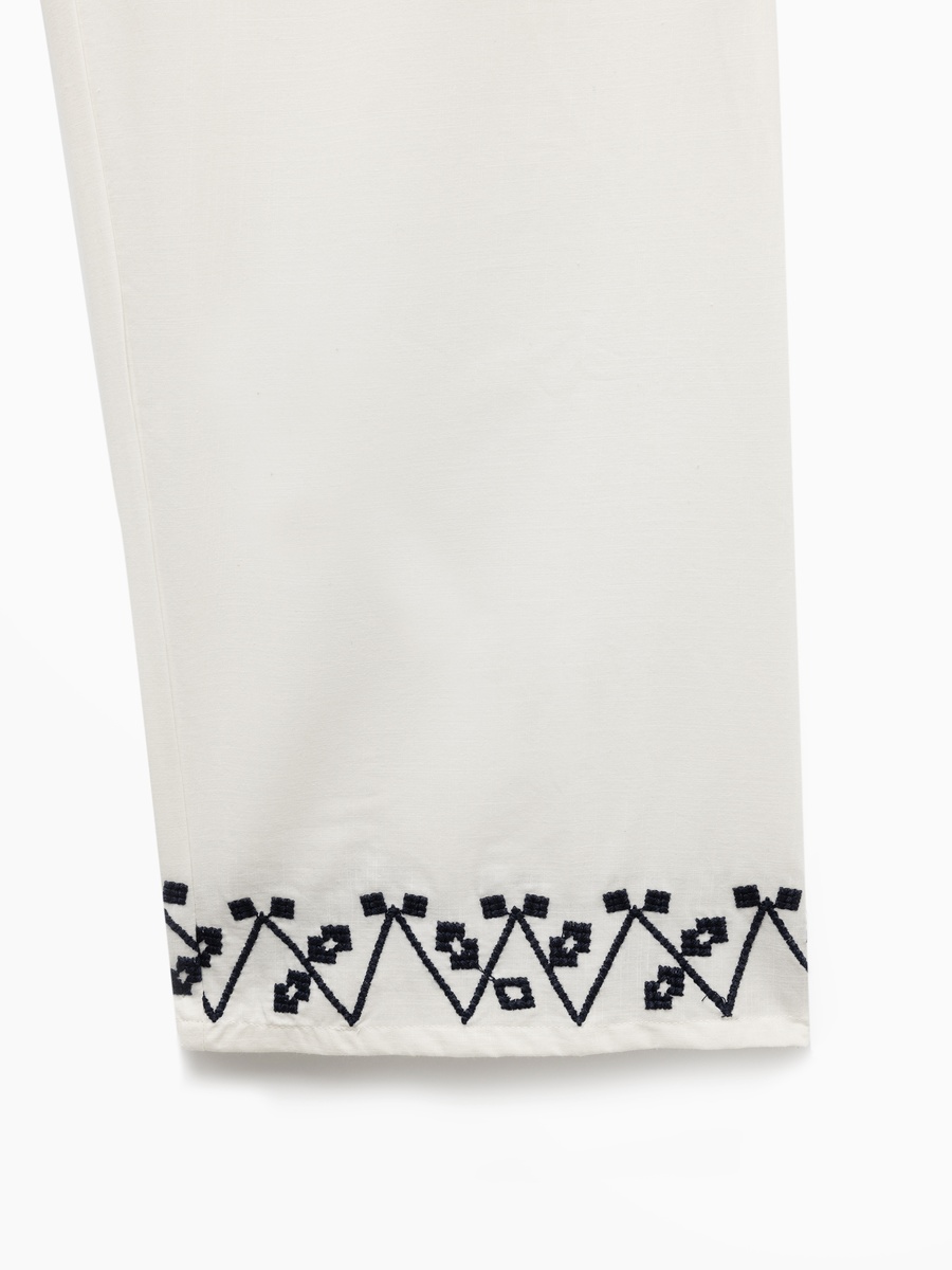 High Rise Embroidery Detail Cotton Straight Leg Pants