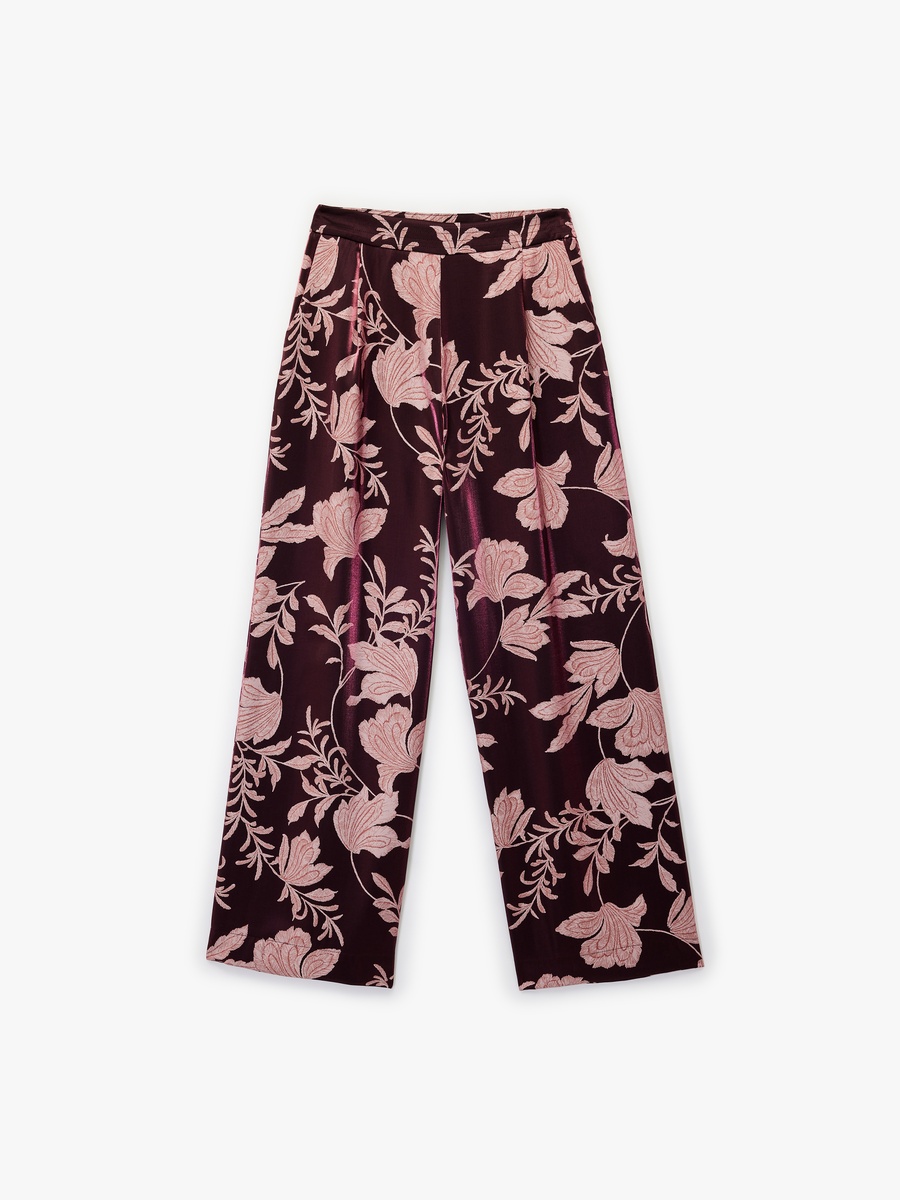 Floral Wide Leg Satin Trousers with Pocket