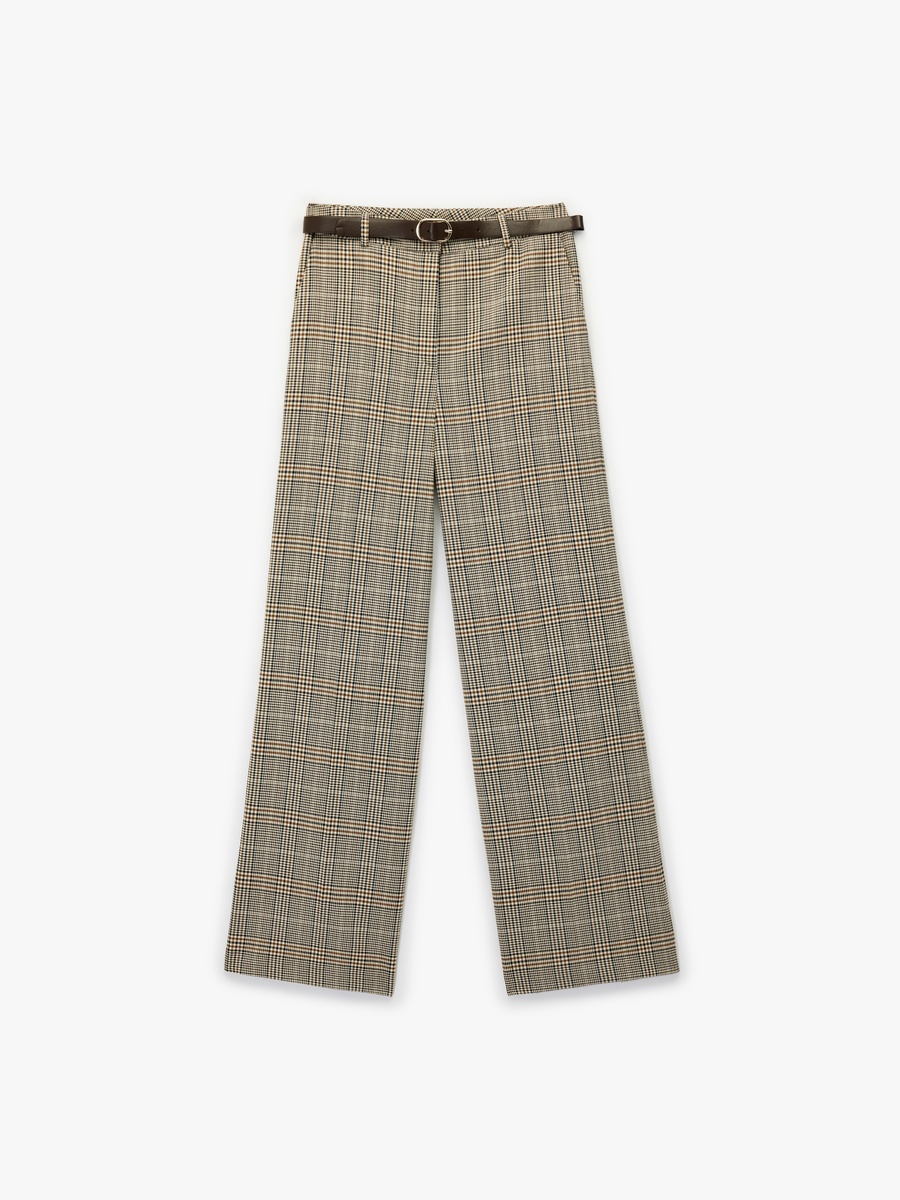 High Waist Plaid Wide Leg Pants with Belt Detail