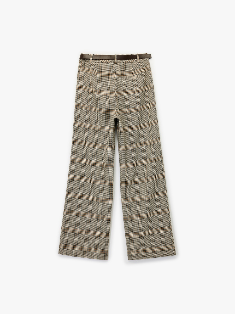 High Waist Plaid Wide Leg Pants with Belt Detail