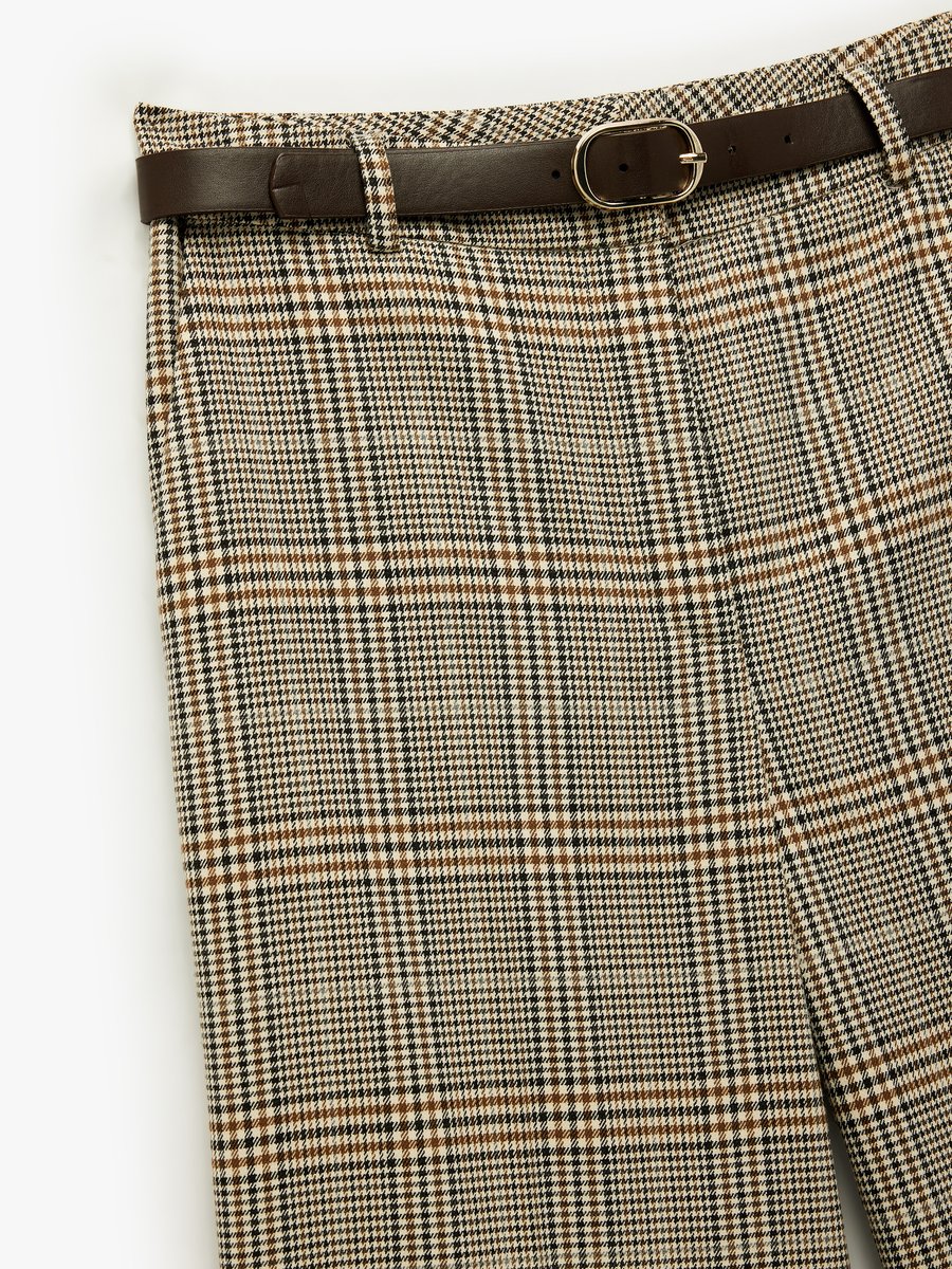 High Waist Plaid Wide Leg Pants with Belt Detail