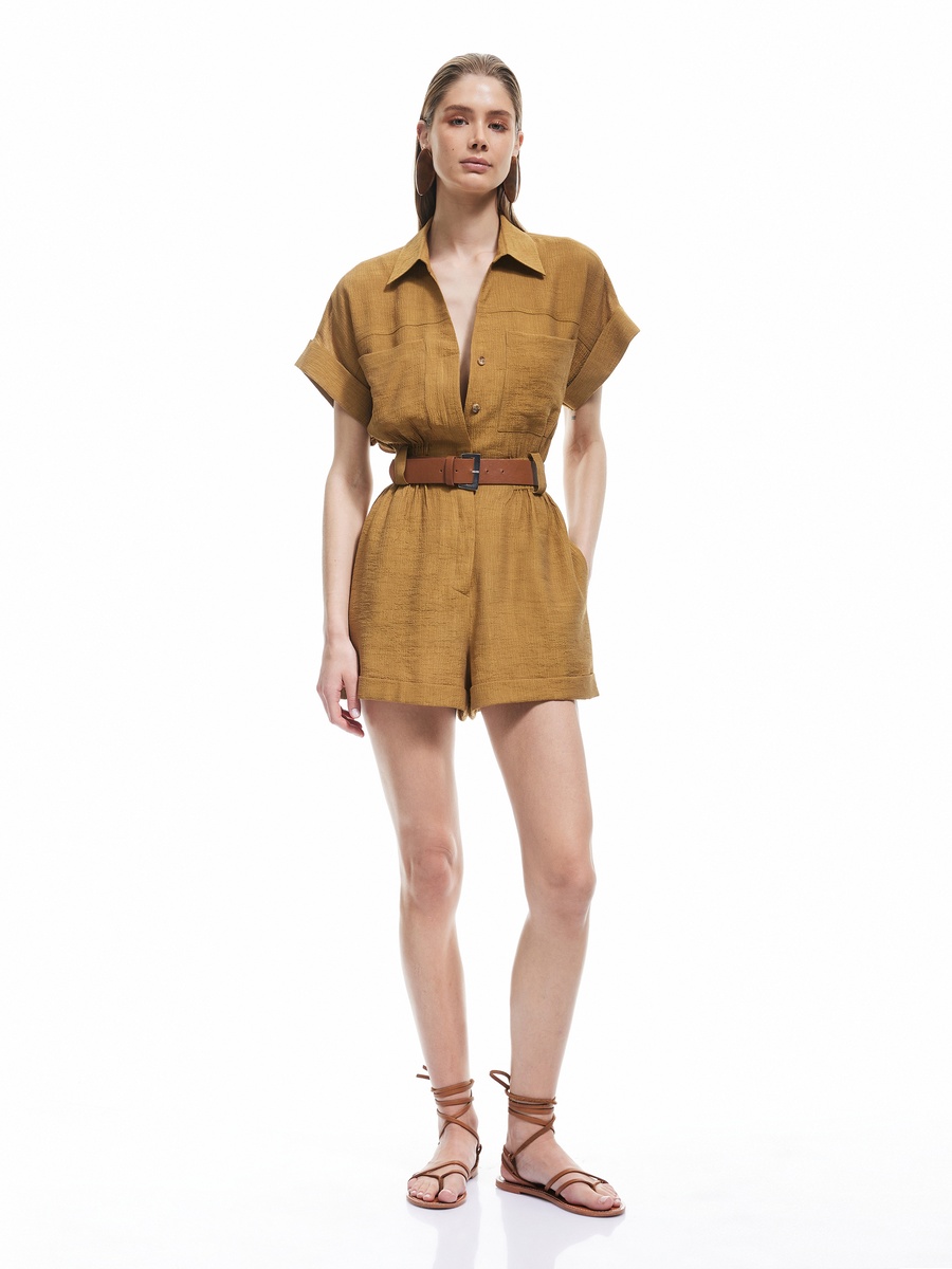 Solid Belted Short Sleeves Romper with Pocket