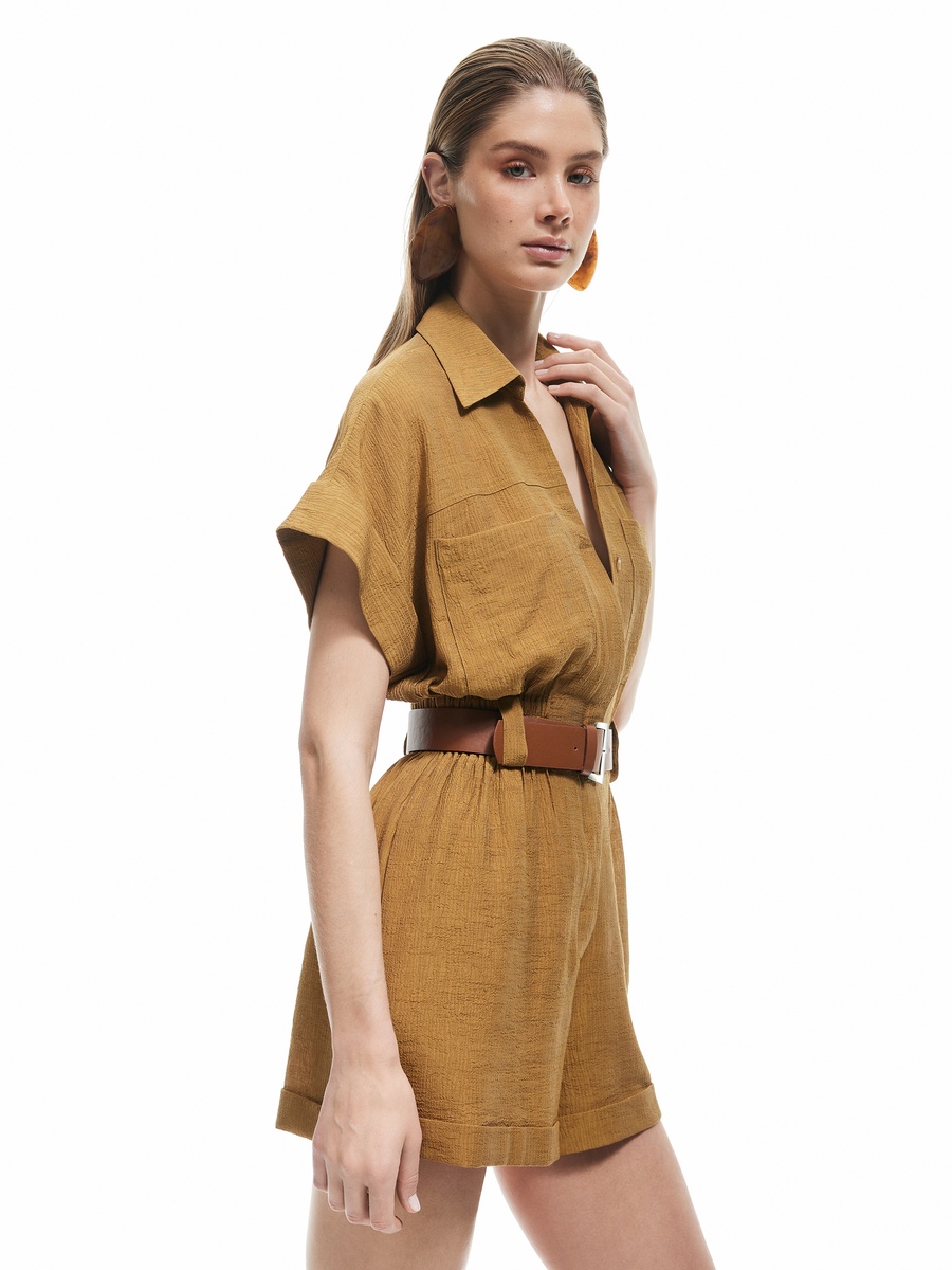 Solid Belted Short Sleeves Romper with Pocket