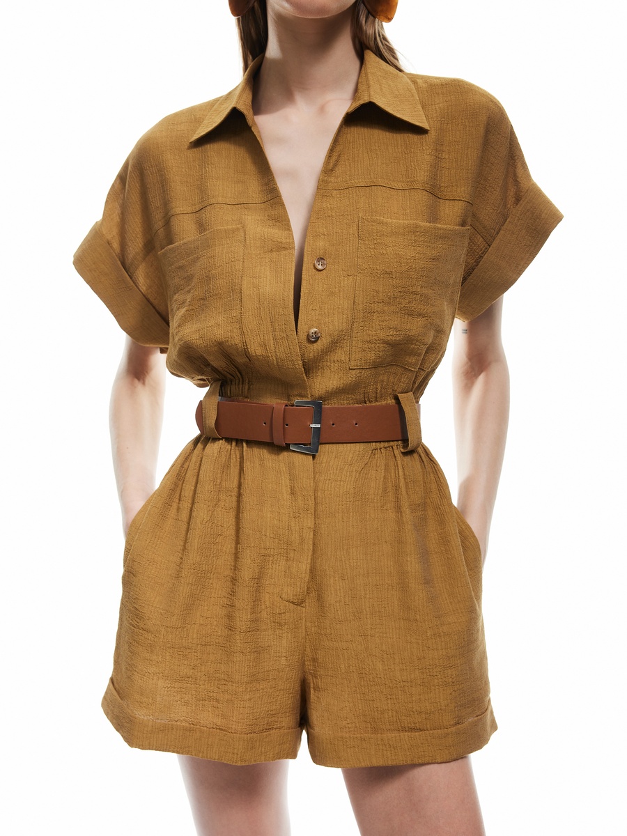 Solid Belted Short Sleeves Romper with Pocket