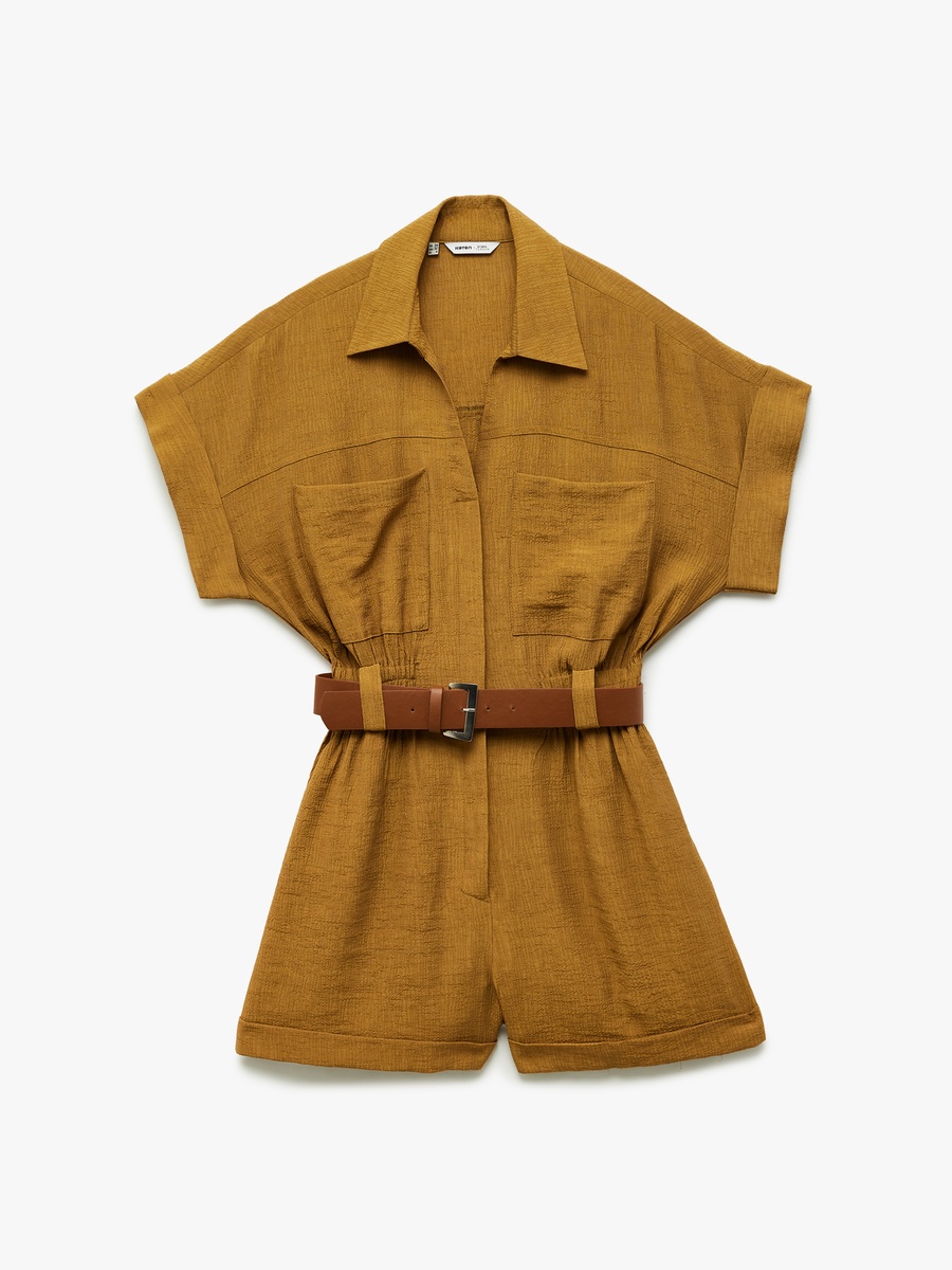 Solid Belted Short Sleeves Romper with Pocket