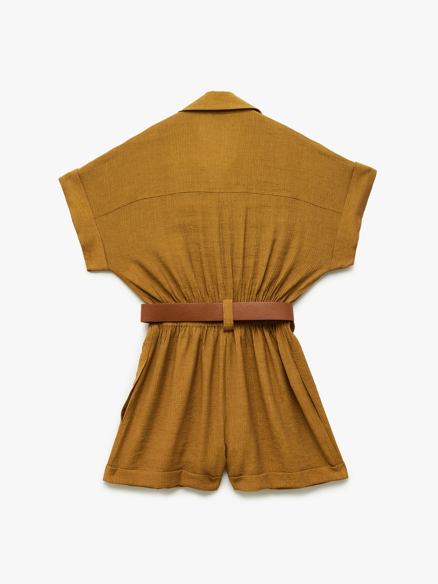 Solid Belted Short Sleeves Romper with Pocket