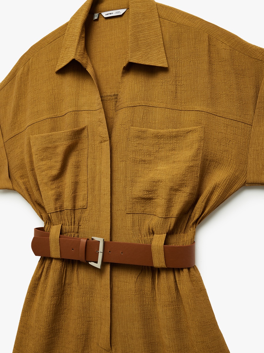 Solid Belted Short Sleeves Romper with Pocket