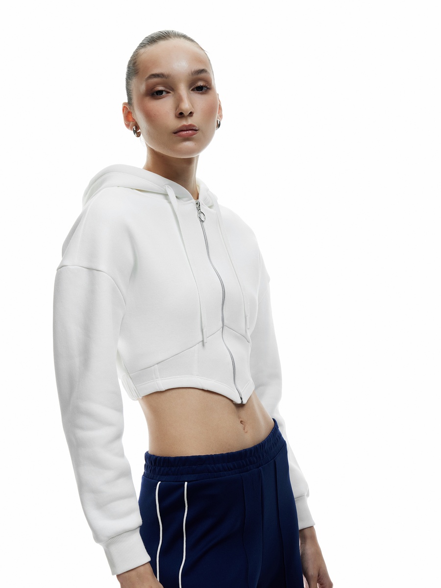 Corset-Detailed Zippered Hooded Crop Sweatshirt