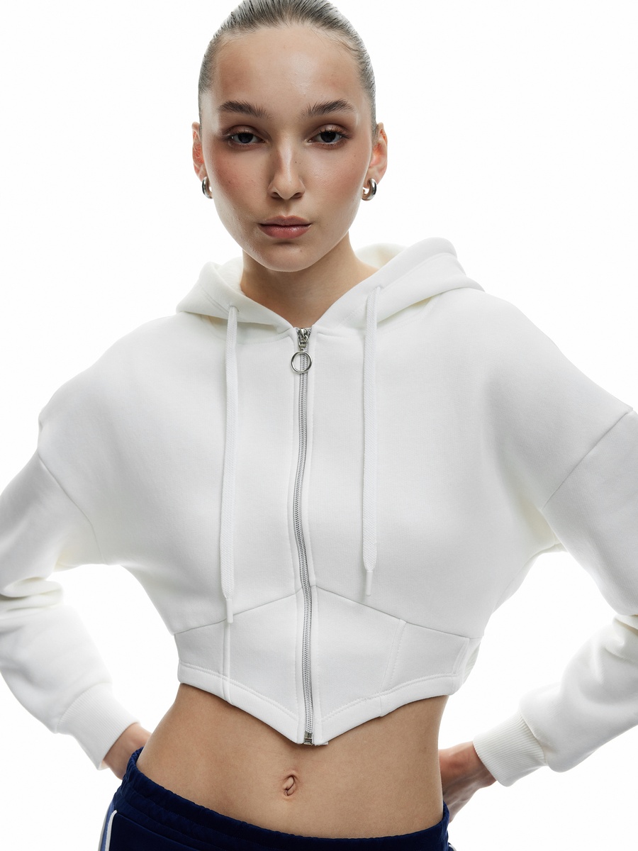Corset-Detailed Zippered Hooded Crop Sweatshirt