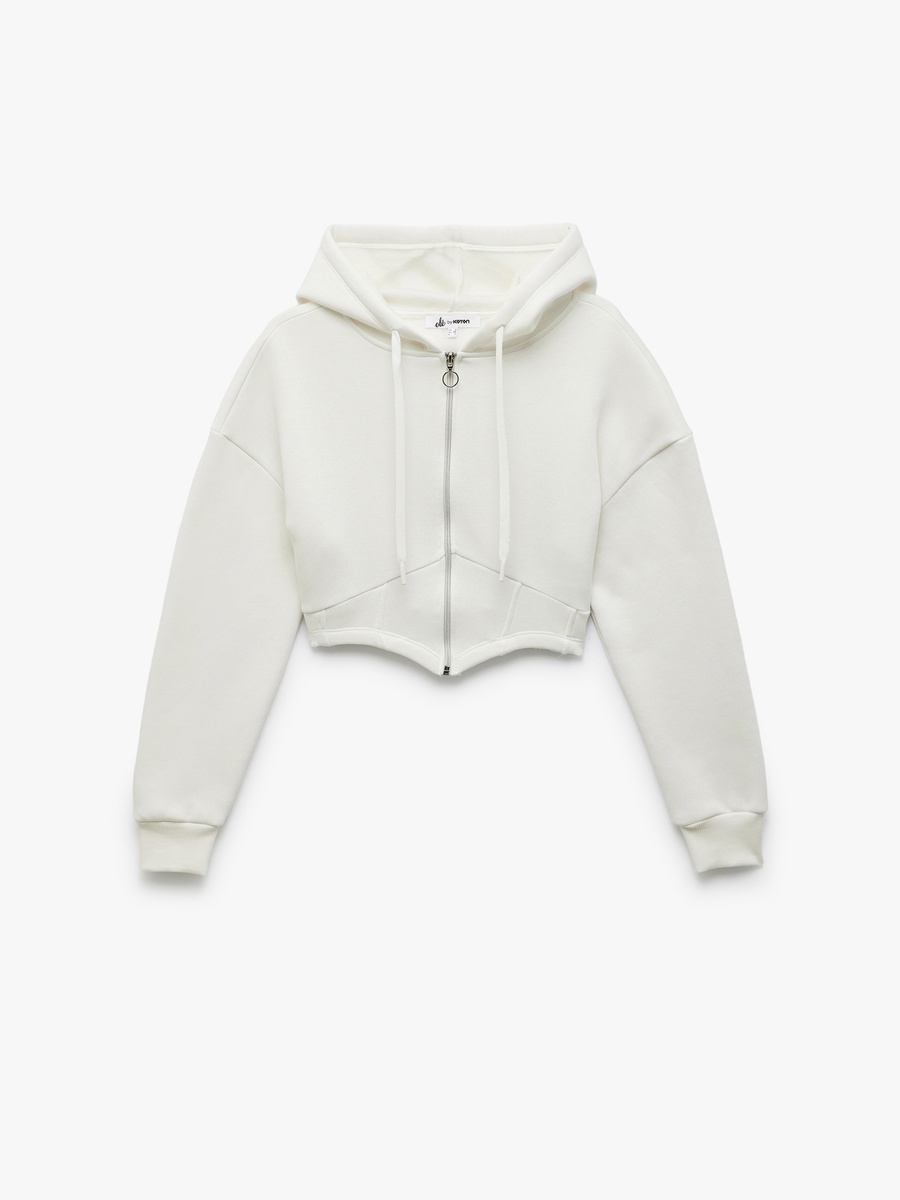 Corset-Detailed Zippered Hooded Crop Sweatshirt