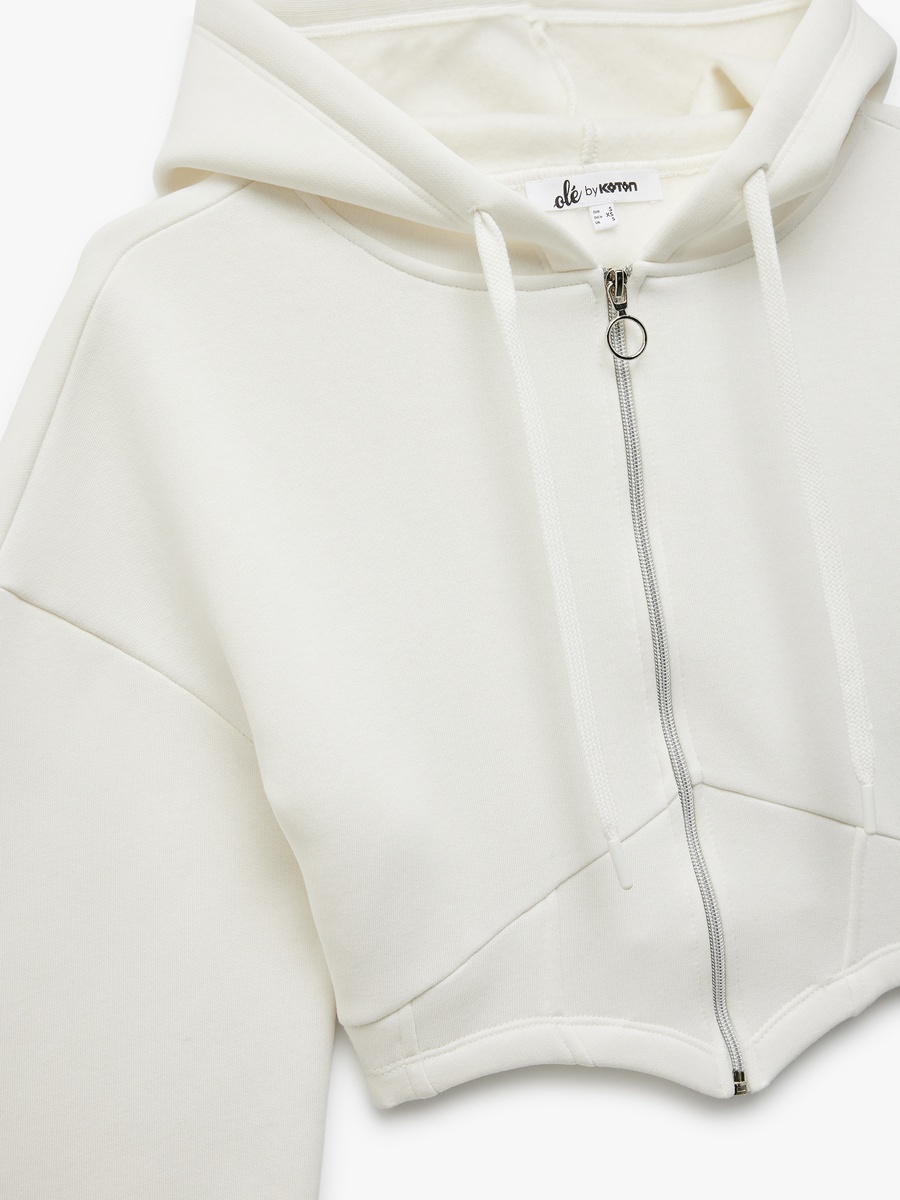 Corset-Detailed Zippered Hooded Crop Sweatshirt