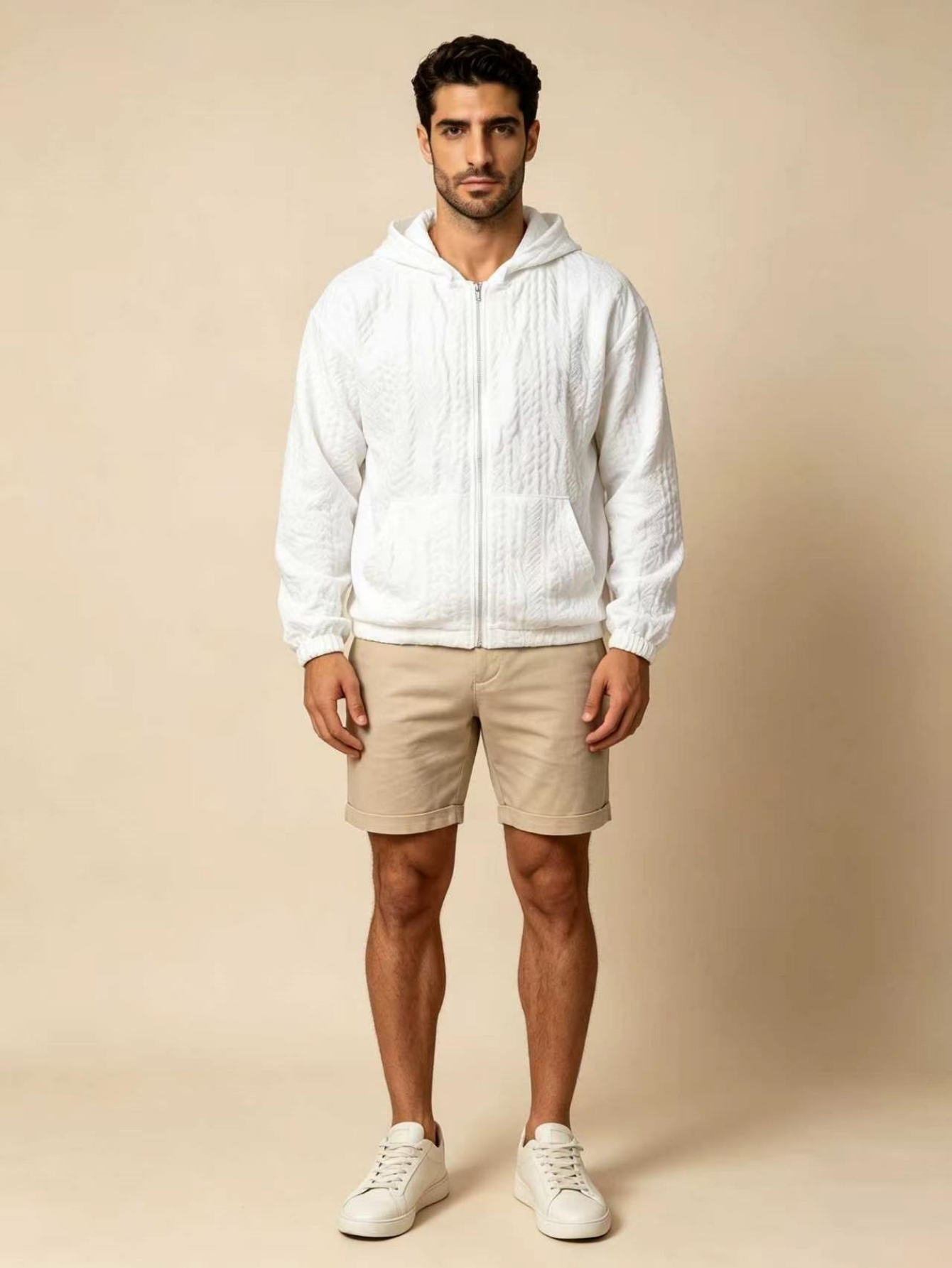White Zip-Up Quilted Hoodie
