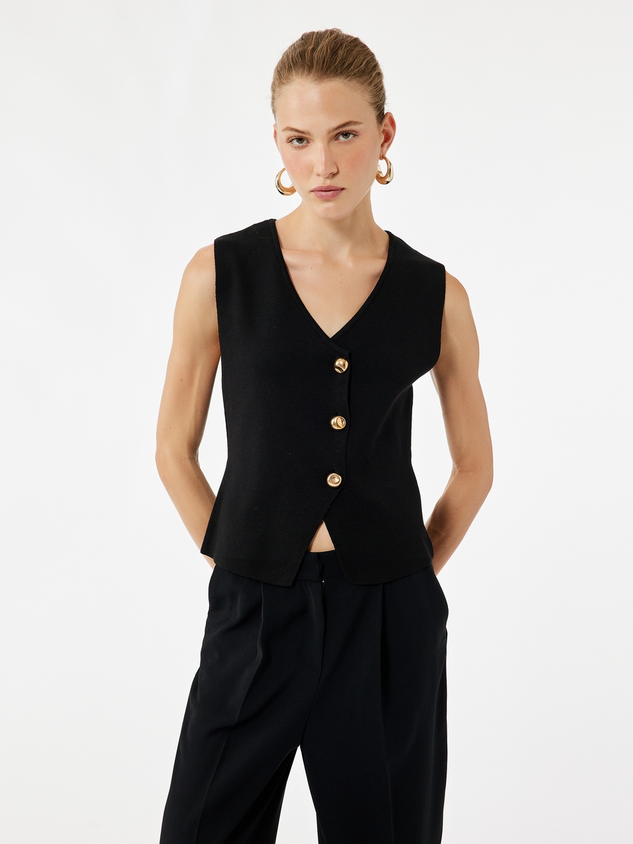V Neck Sleeveless Gold Buttoned Knit Vest