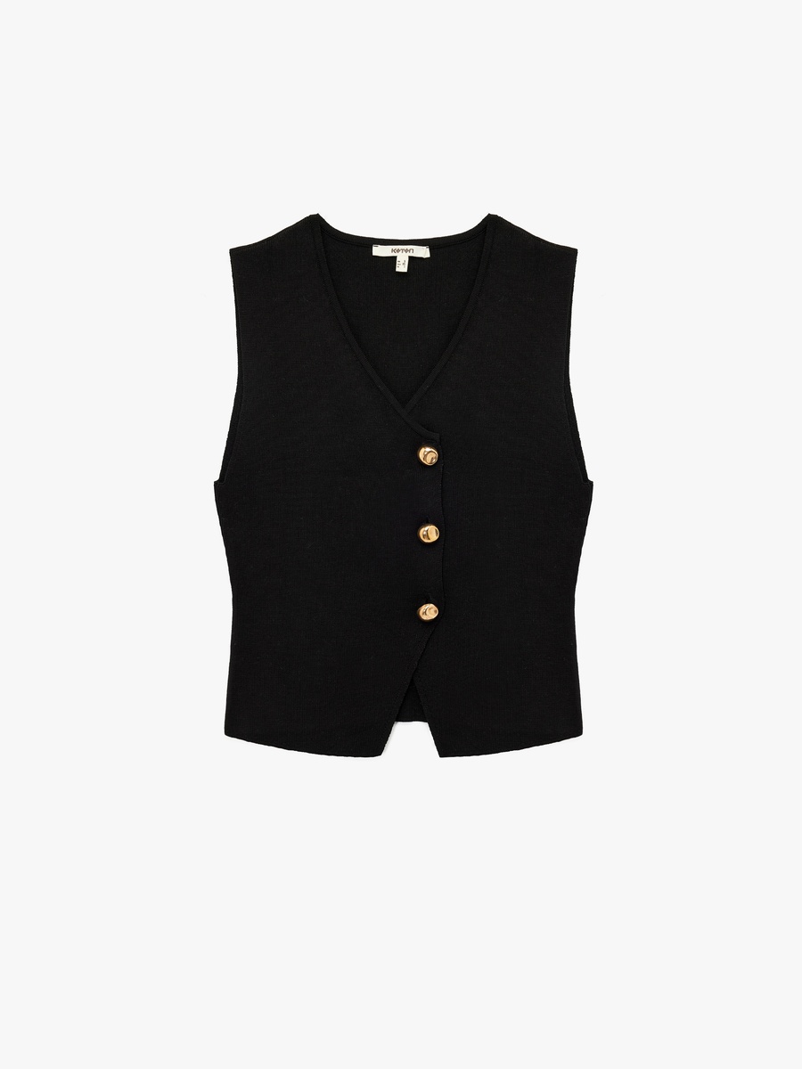 V Neck Sleeveless Gold Buttoned Knit Vest