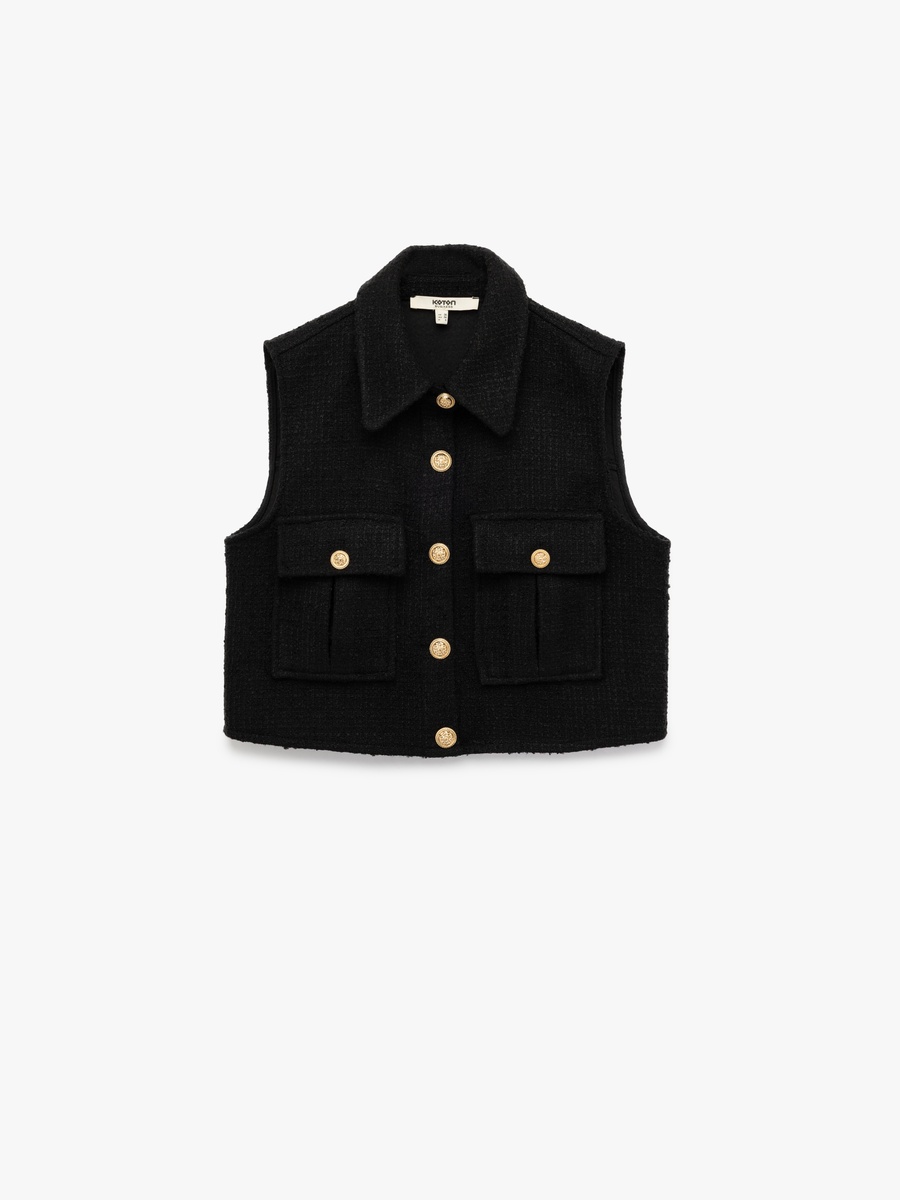 Buttoned Pocket Detail Sleeveless Shirt Collar Tweed Crop Vest