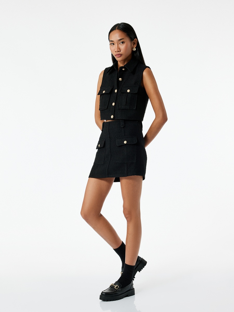 Buttoned Pocket Detail Sleeveless Shirt Collar Tweed Crop Vest