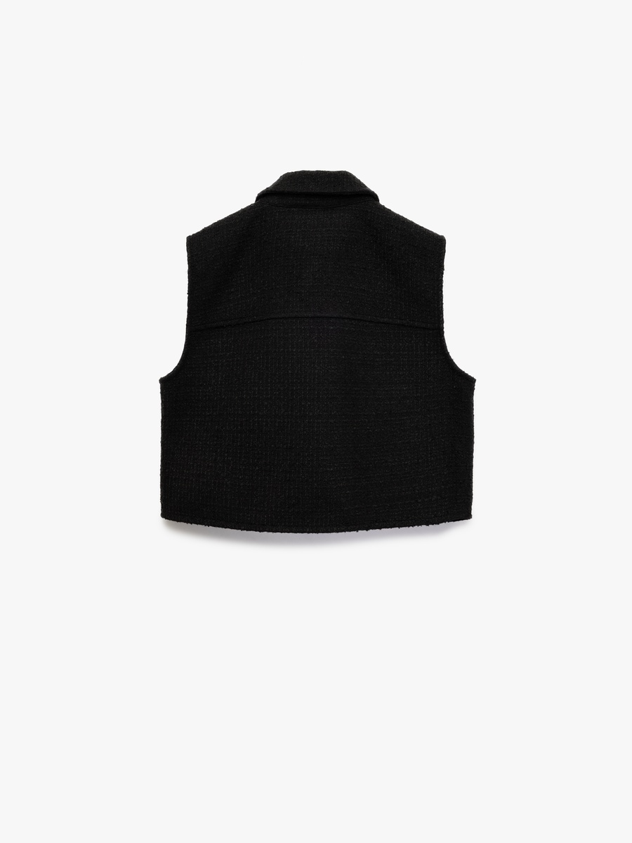 Buttoned Pocket Detail Sleeveless Shirt Collar Tweed Crop Vest