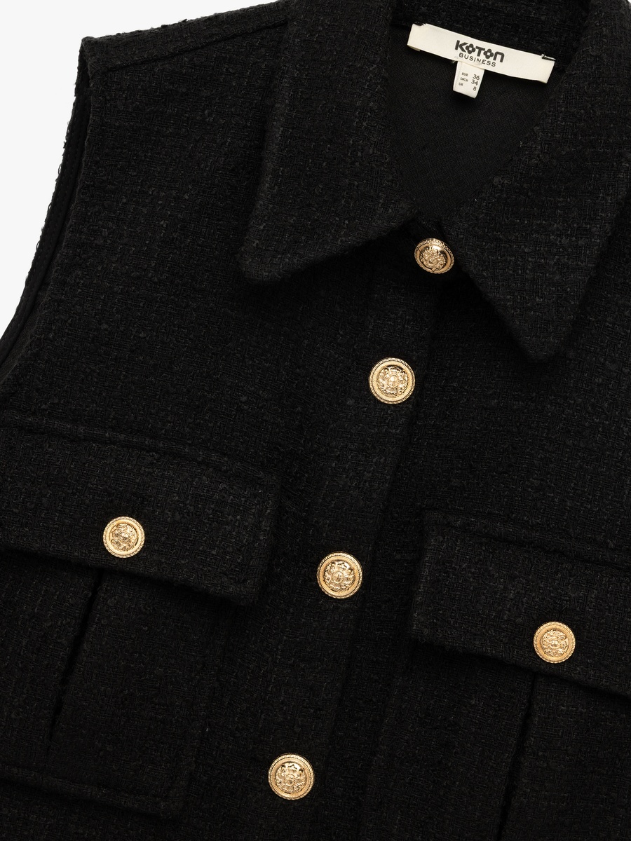 Buttoned Pocket Detail Sleeveless Shirt Collar Tweed Crop Vest