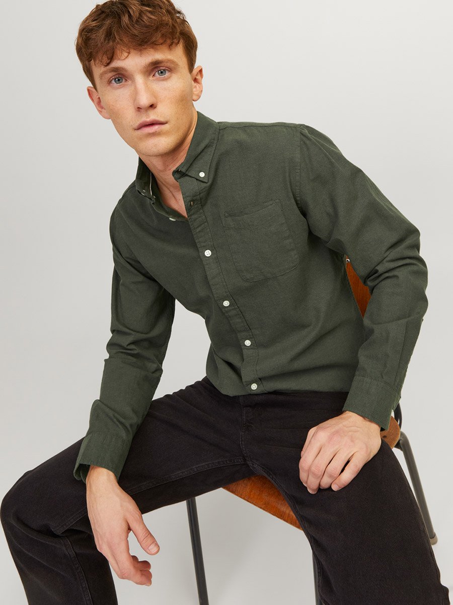 Dark Green JJEOXFORD Solid Button-Down Oxford Shirt