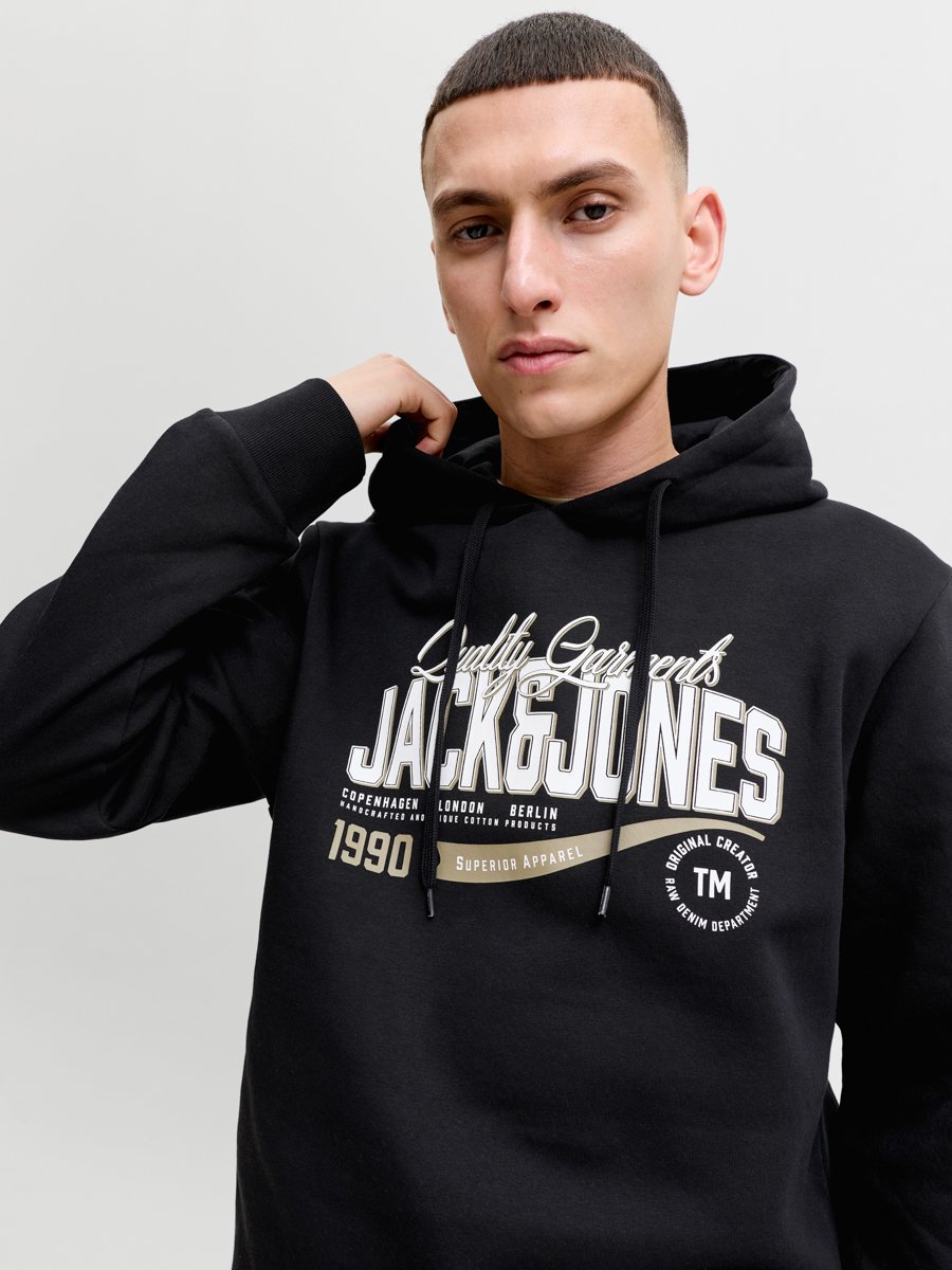 Black Pullover Hoodie with Logo Print