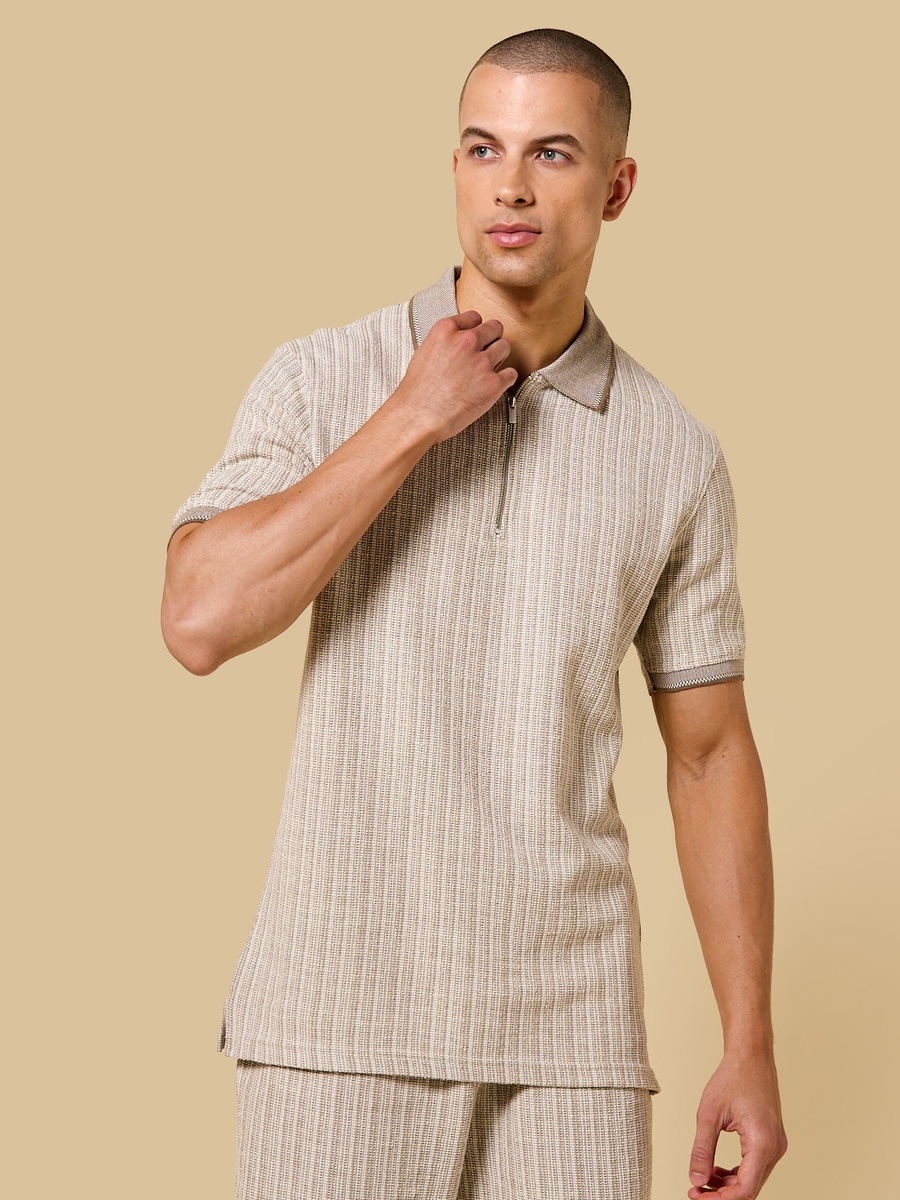Textured Half Zip Polo T-Shirt