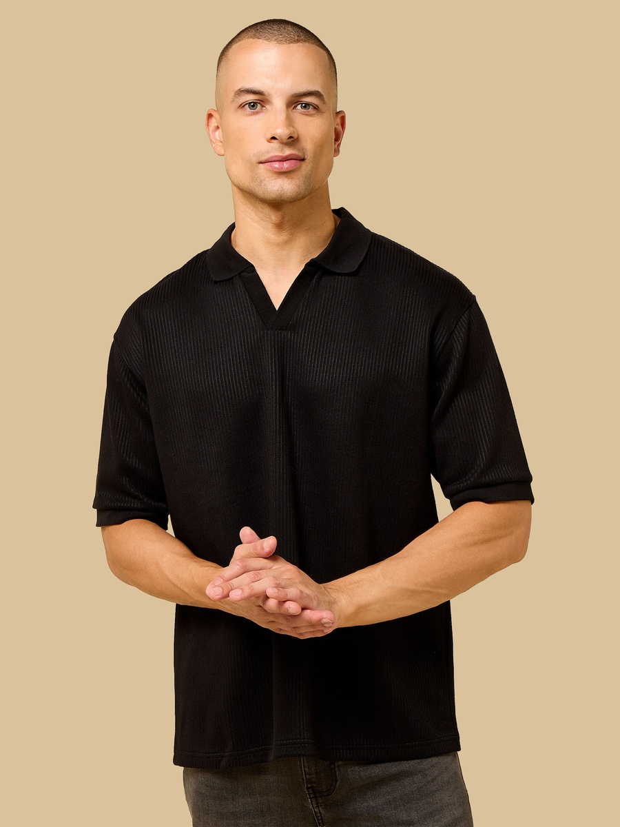 Textured Relaxed Fit Johnny Collar Polo T-Shirt