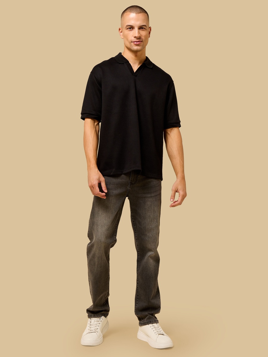 Textured Relaxed Fit Johnny Collar Polo T-Shirt