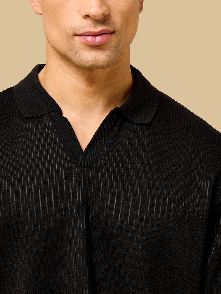 Textured Relaxed Fit Johnny Collar Polo T-Shirt