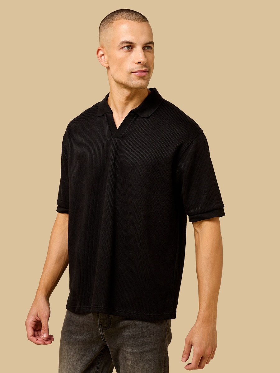Textured Relaxed Fit Johnny Collar Polo T-Shirt