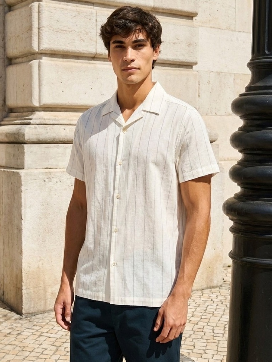 Striped Camp Collar Linen Shirt