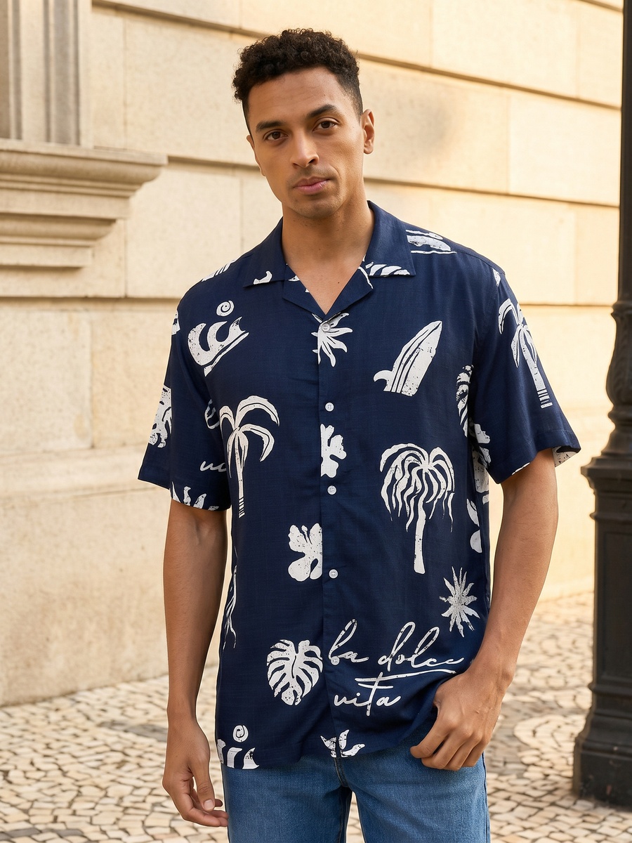 Tropical Print Relaxed Fit Viscose Shirt with Camp Collar