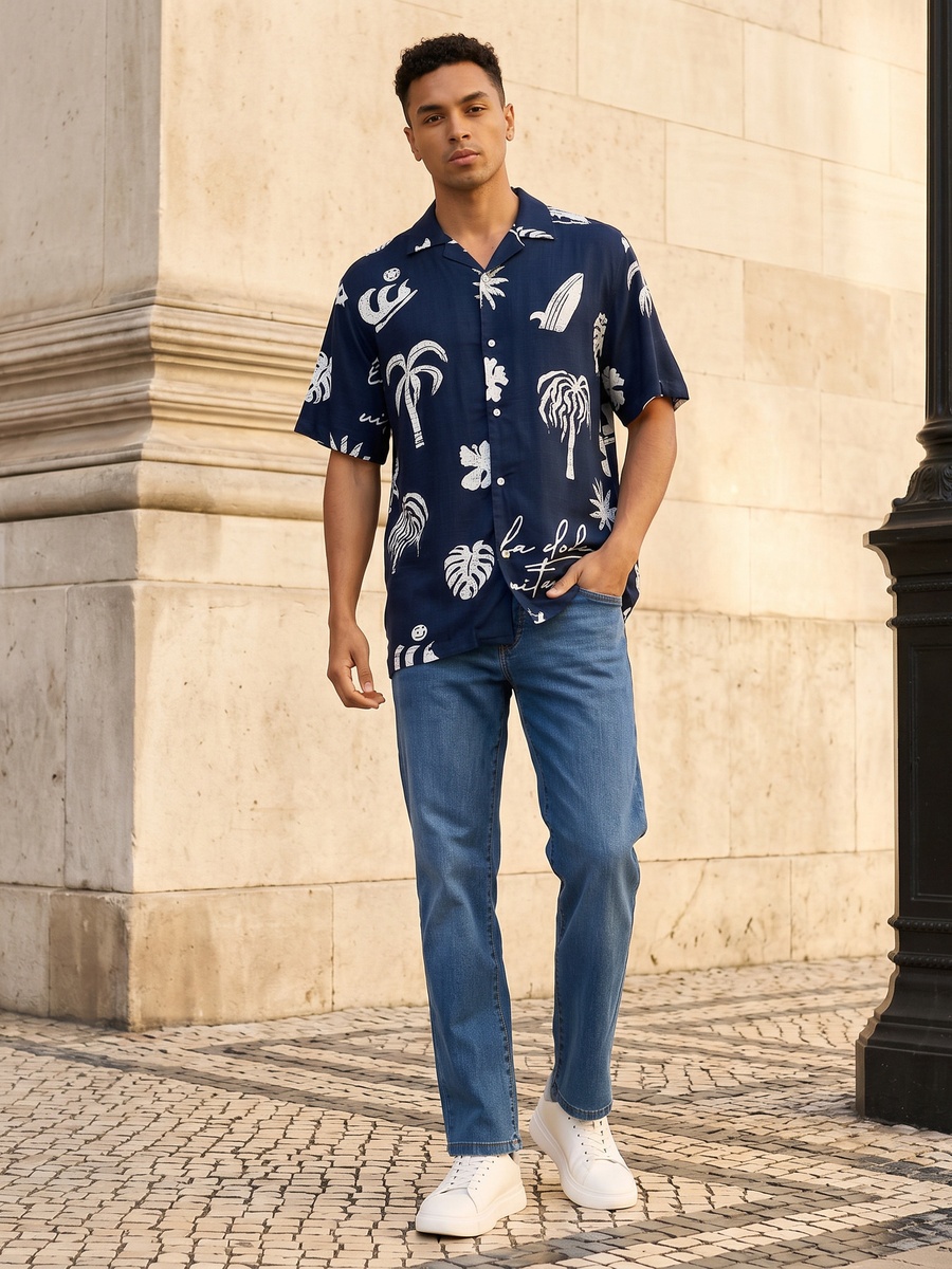 Tropical Print Relaxed Fit Viscose Shirt with Camp Collar