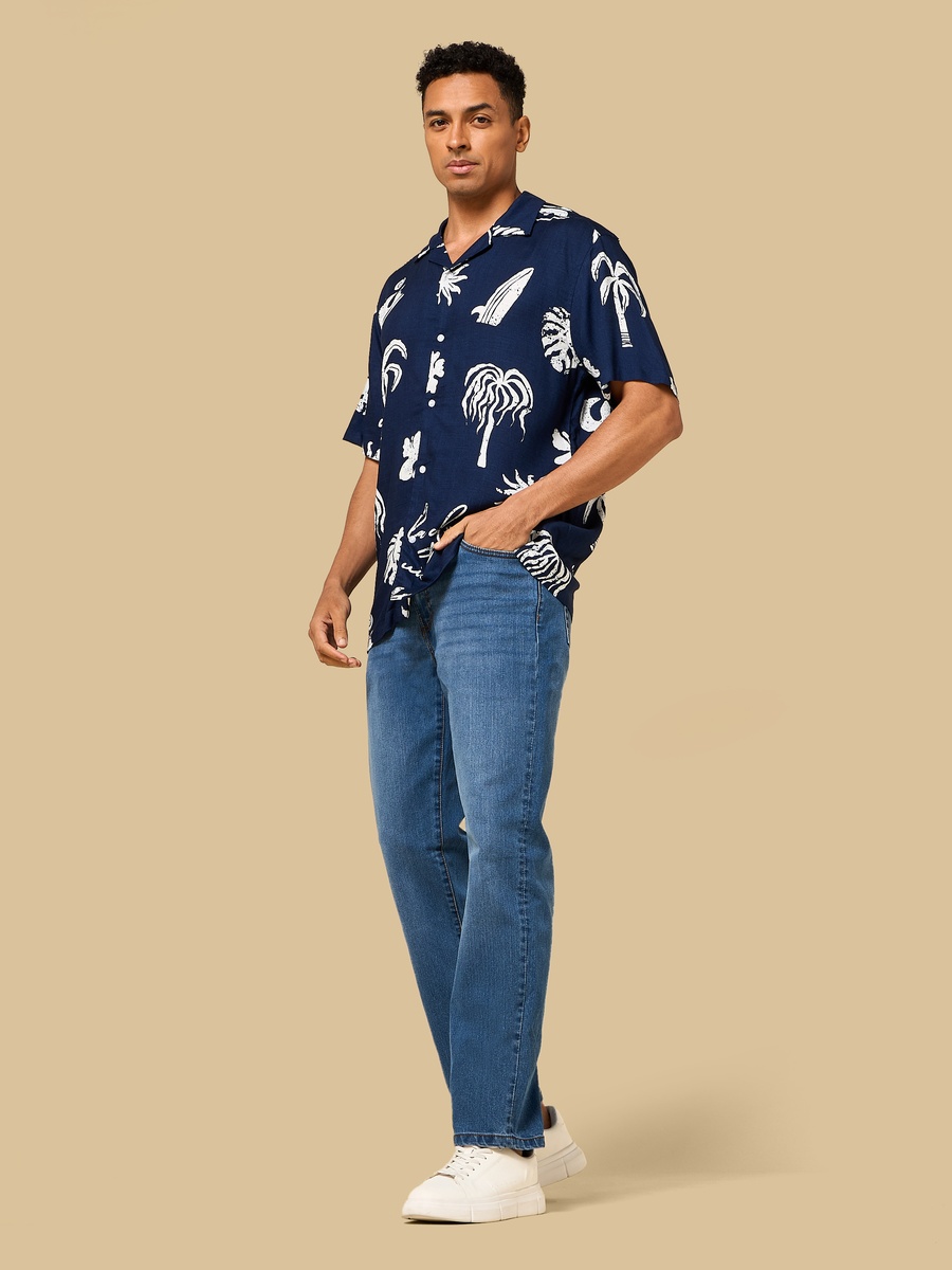 Tropical Print Relaxed Fit Viscose Shirt with Camp Collar