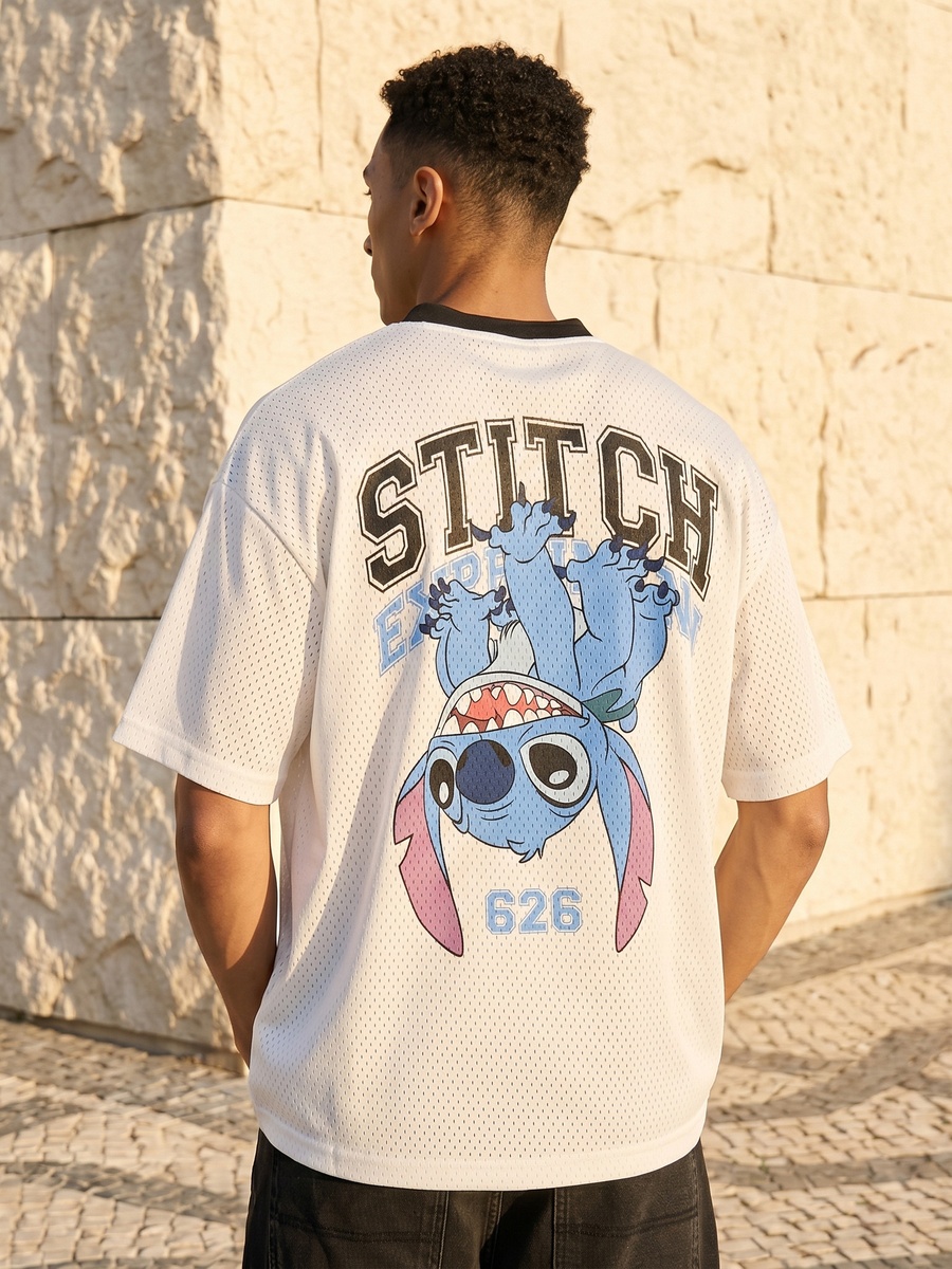 Stitch Print Oversized V Neck T-Shirt
