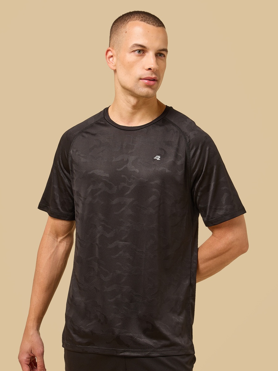 Camouflage Textured T-Shirt with Raglan Sleeves