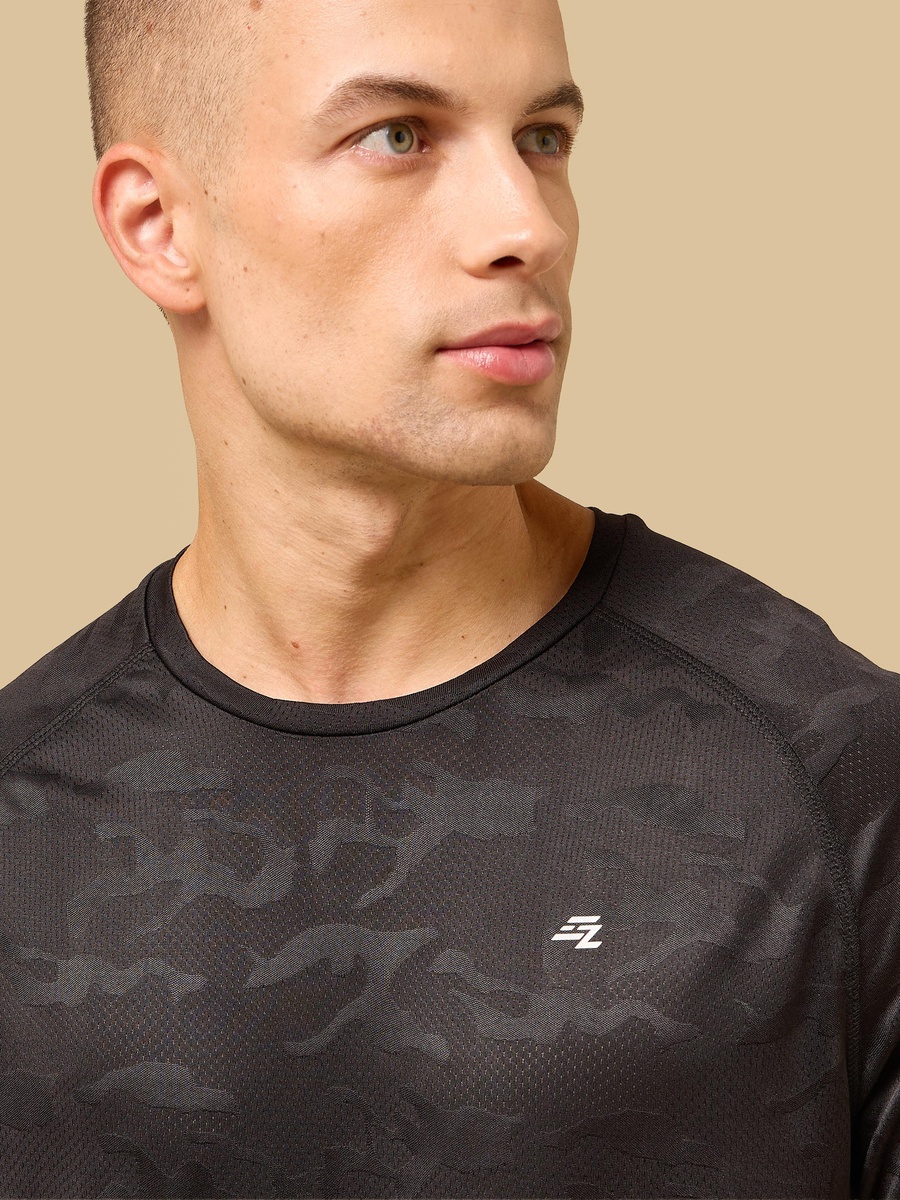 Camouflage Textured T-Shirt with Raglan Sleeves