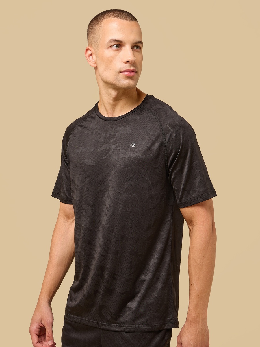 Camouflage Textured T-Shirt with Raglan Sleeves
