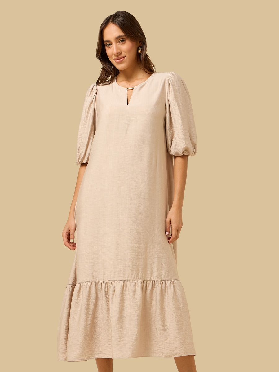 Keyhole Neck Puff Sleeves Midi Dress