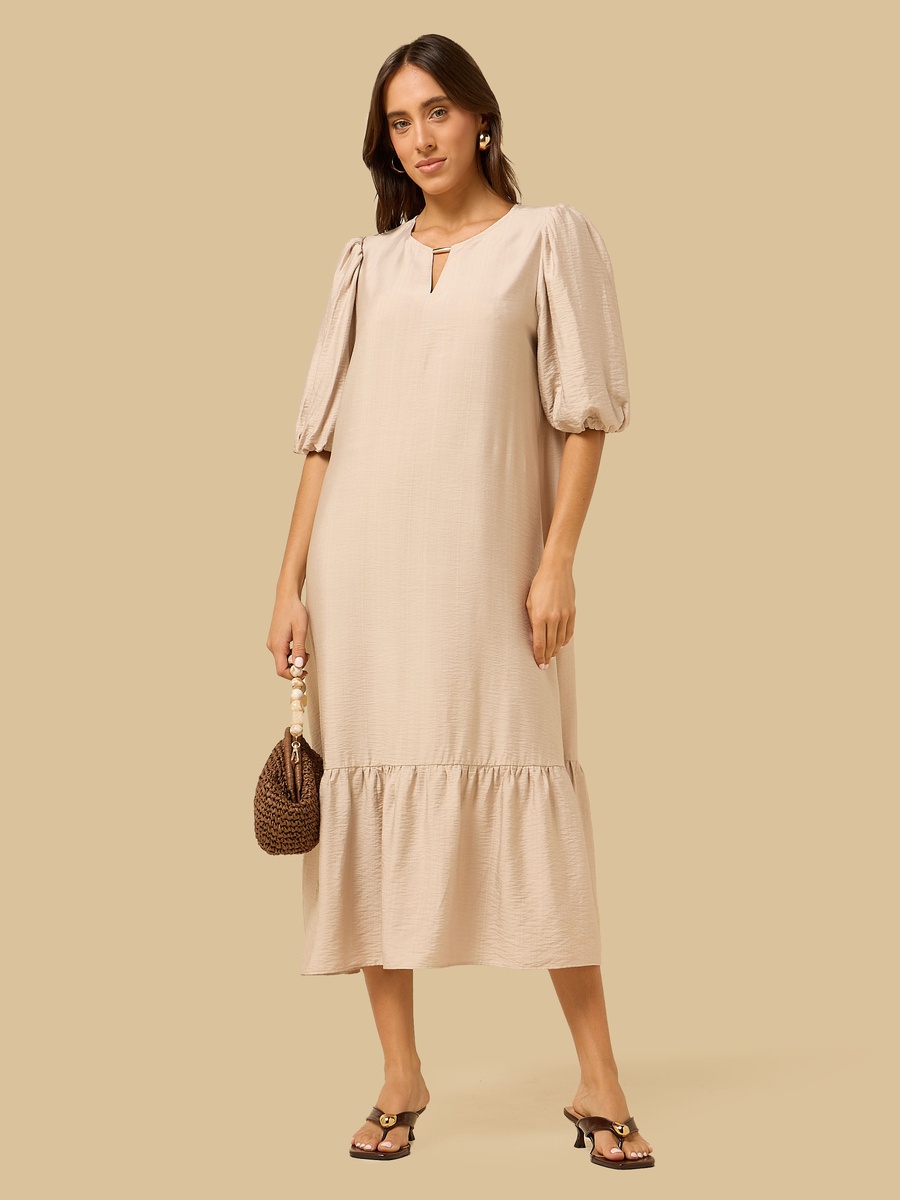 Keyhole Neck Puff Sleeves Midi Dress