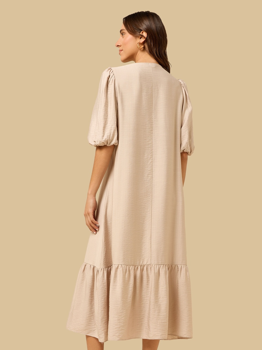 Keyhole Neck Puff Sleeves Midi Dress