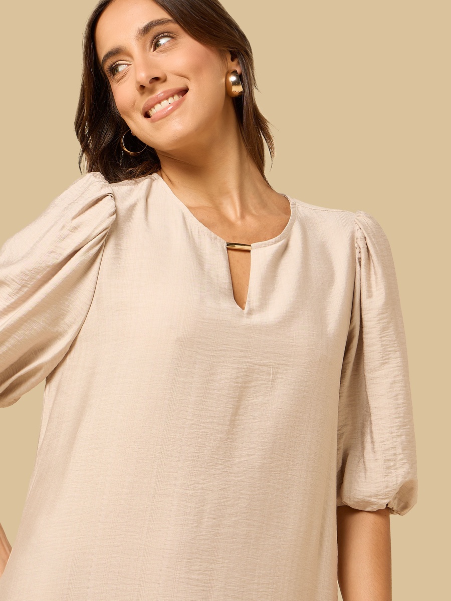 Keyhole Neck Puff Sleeves Midi Dress